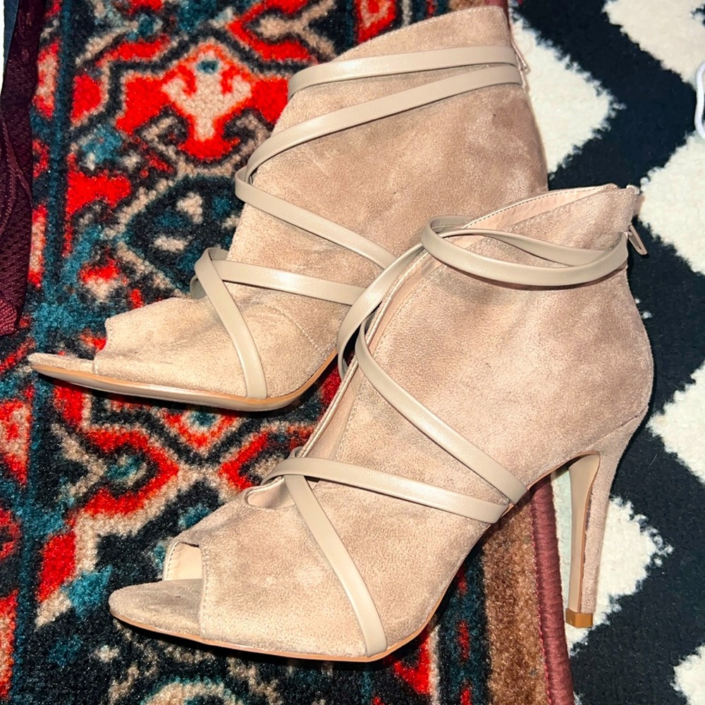 Faux suede peep toe bootie